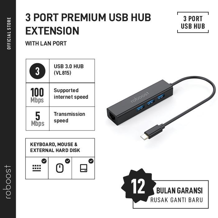 roboost 3 Port Premium USB Hub 3.1 : 3.0 with LAN RTL8153 Max 100Mbps - Hitam 2.webp