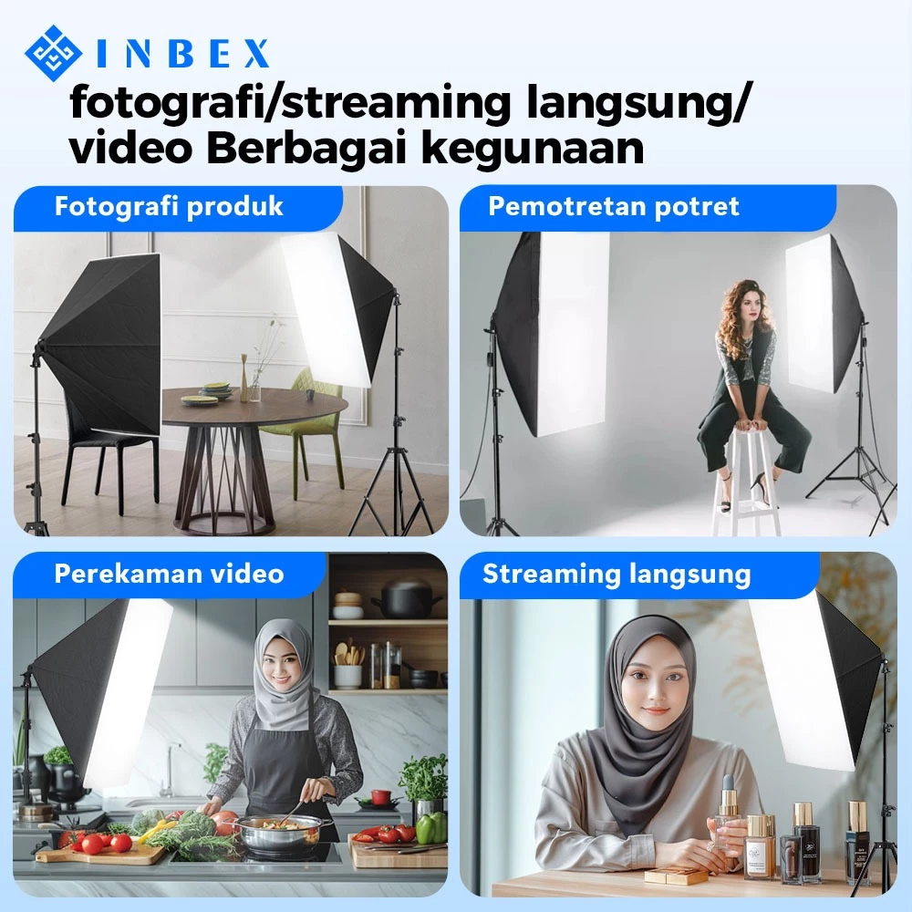 INBEX Softbox Kit Lighting Konten Kreator Ring light Lampu Studio vlog Live Streaming Video 3 Warna 3000K 6000k 50x70cm