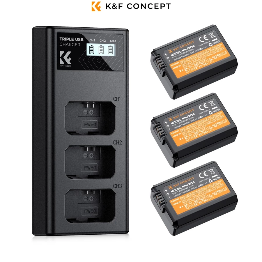 K&F Concept NP-FW50 Battery and 3 Slot Charger 3 Pack Replacement Baterai for Sony