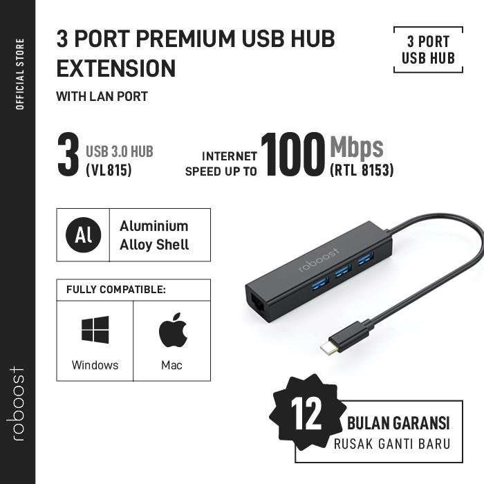 roboost 3 Port Premium USB Hub 3.1 / 3.0 with LAN RTL8153 Max 100Mbps - Hitam